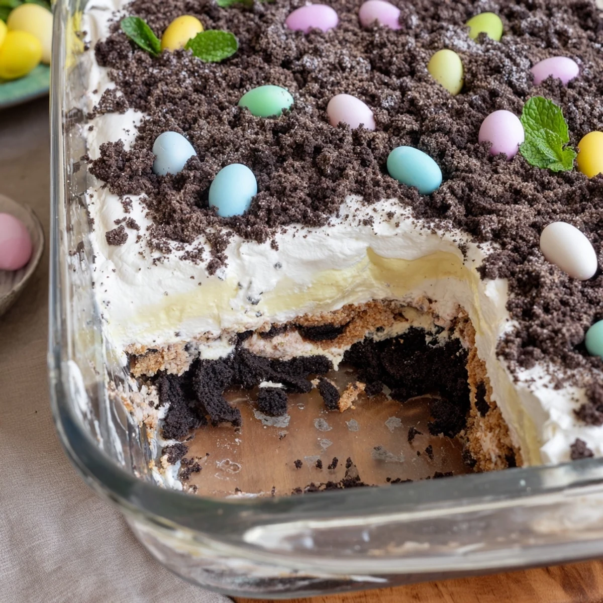 Easter dirt cake casserole with layers of creamy pudding, crushed cookies, and pastel candy eggs