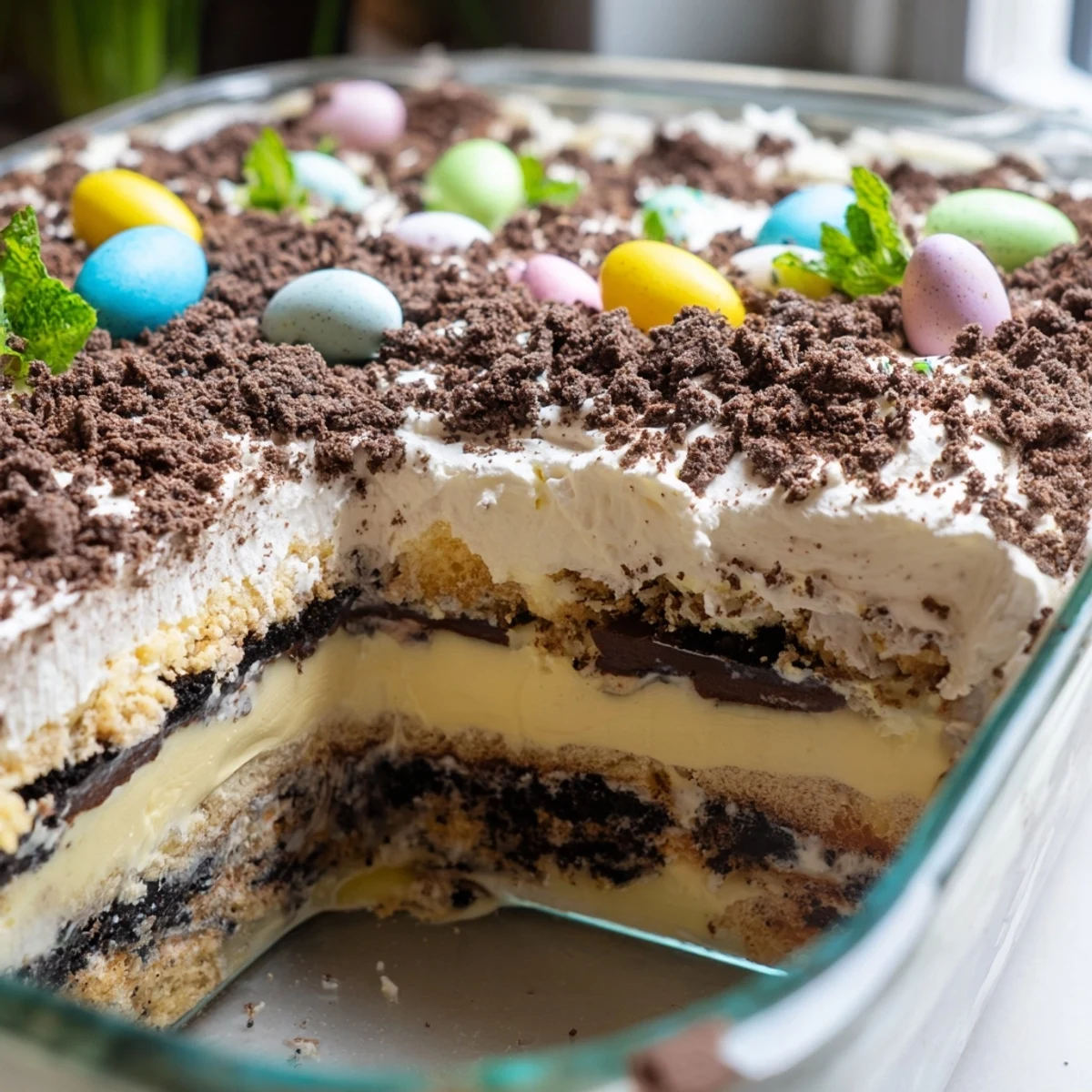 Spring dessert dish featuring chocolate cookie crumbs, vanilla pudding, and colorful Easter candy toppings