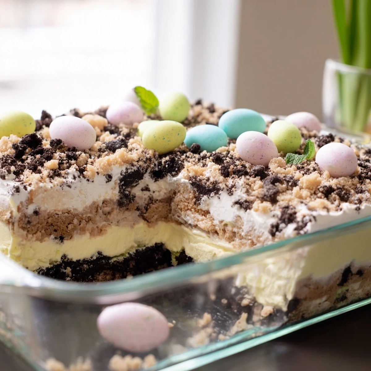 No-bake Easter dirt cake casserole topped with chocolate eggs and fresh mint garnish
