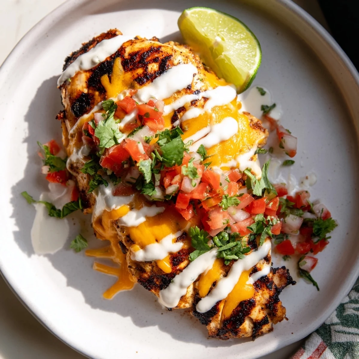 Golden Fiesta Lime Chicken drizzled with white fiesta sauce and topped with melted cheddar cheese, fresh pico de gallo, and cilantro garnish on a white plate