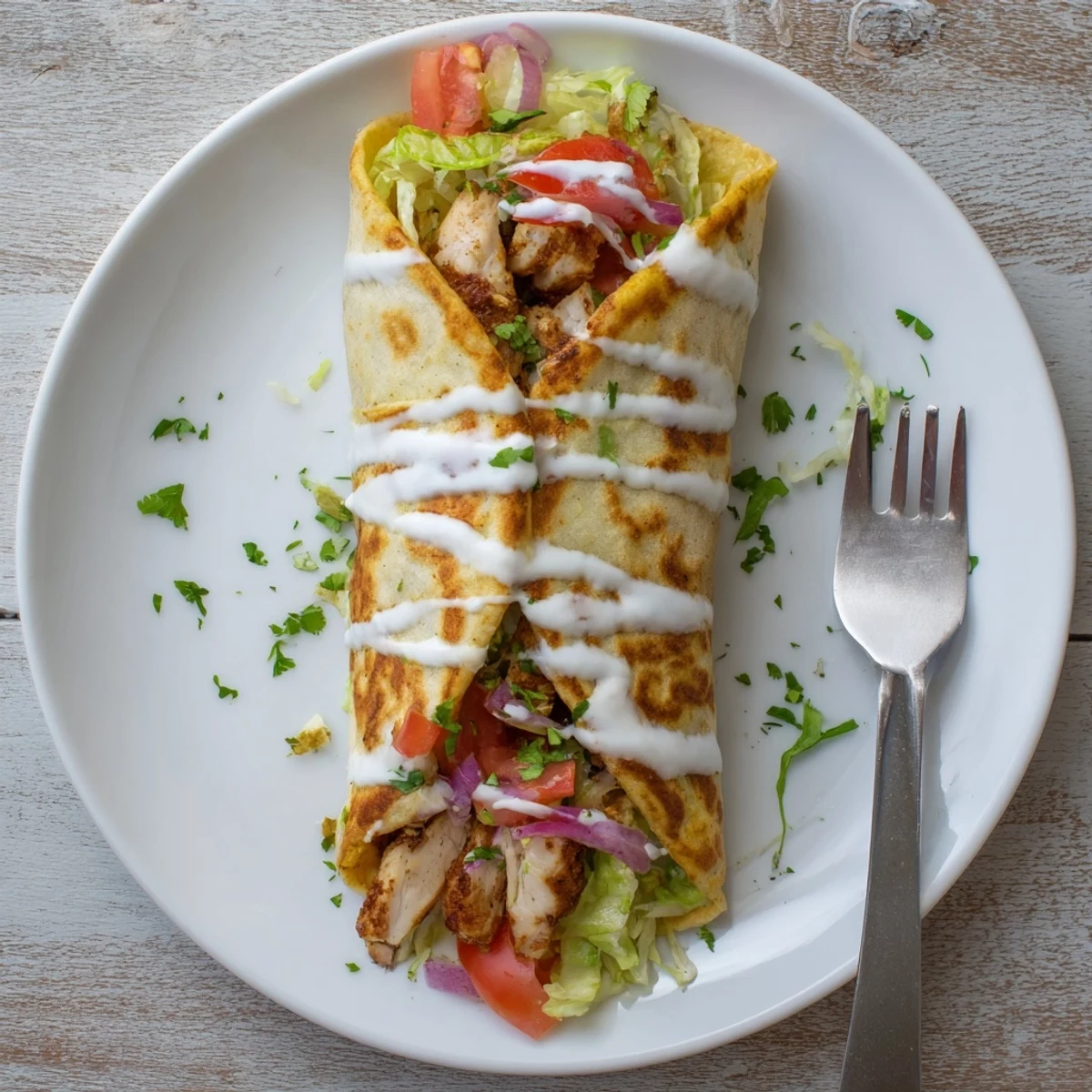 Golden brown high protein cottage cheese flatbread chicken wraps filled with fresh vegetables and Greek yogurt