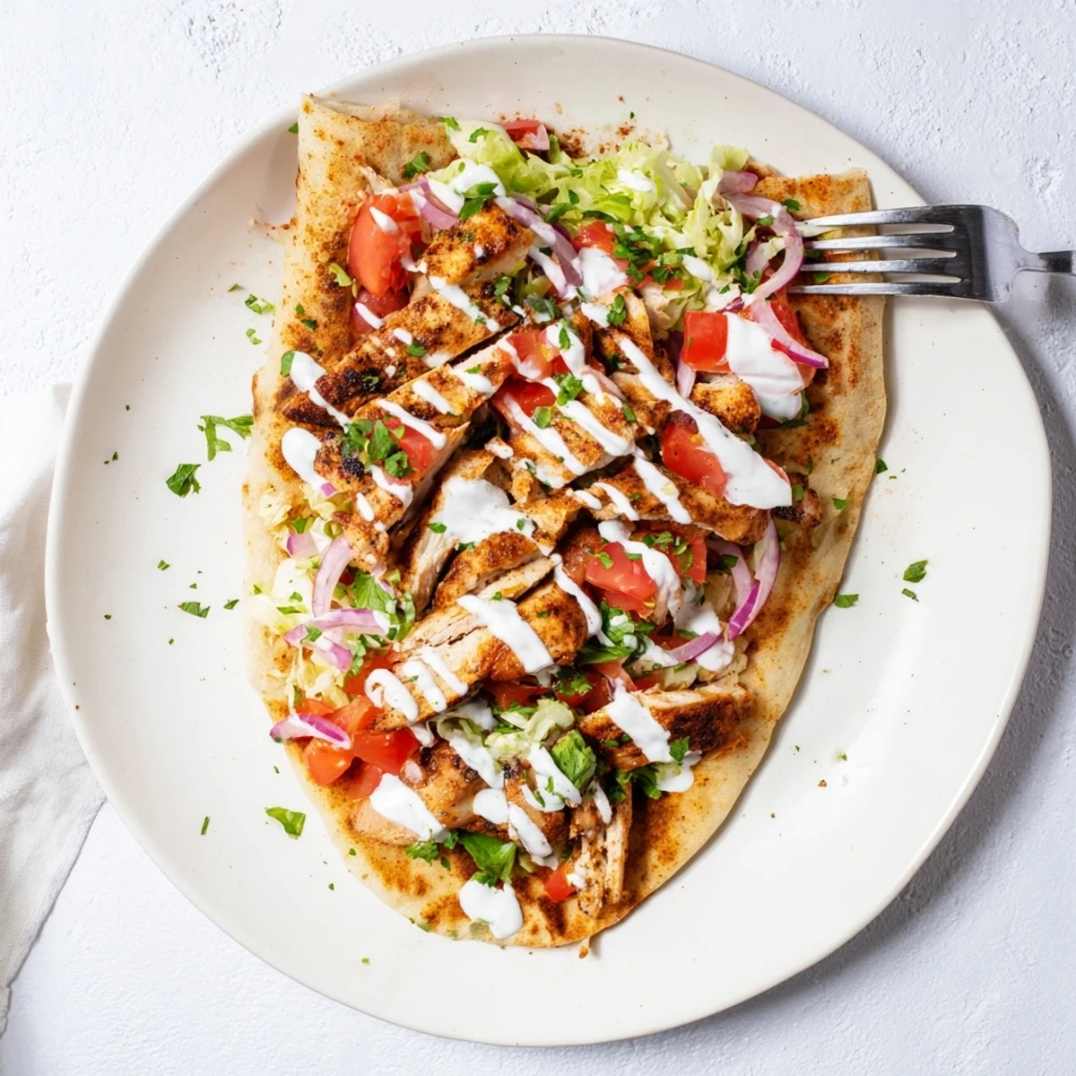 Spiced grilled chicken wrapped in crispy cottage cheese flatbread with lettuce tomato and creamy yogurt sauce