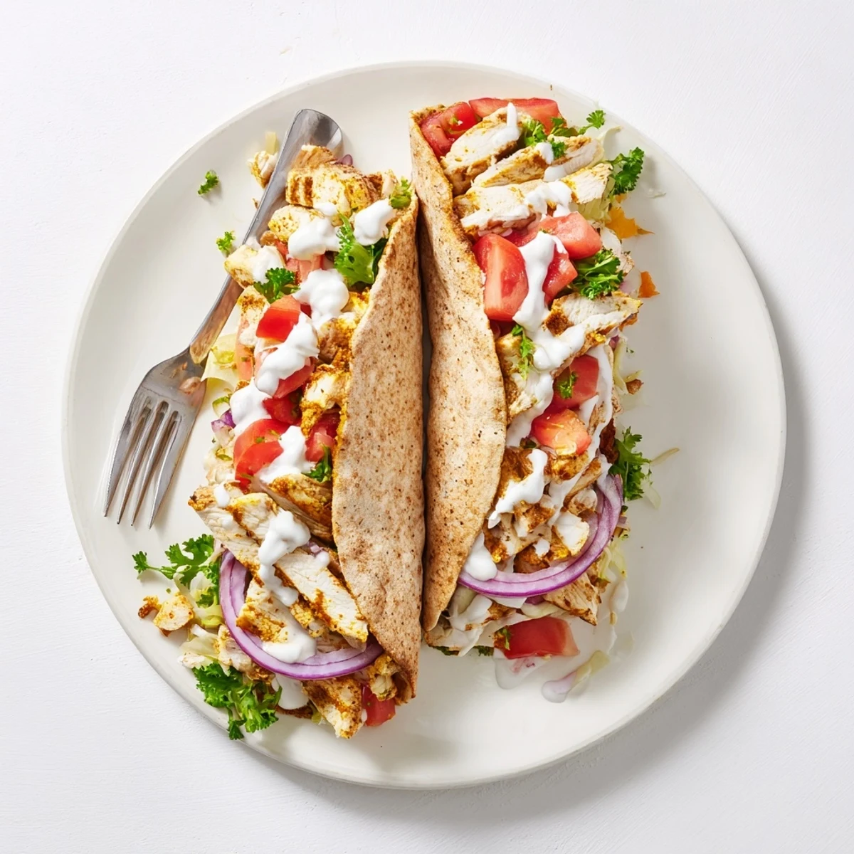 Protein-packed cottage cheese flatbread chicken wraps featuring seasoned meat crisp vegetables and tangy yogurt topping