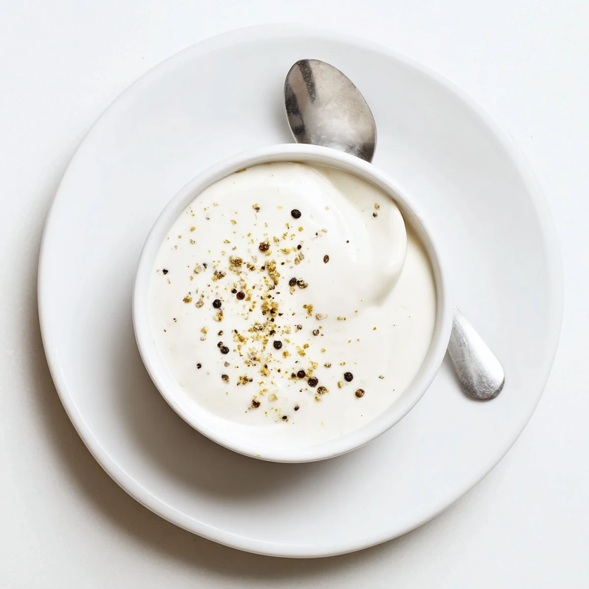 Smooth white garlic sauce bowl topped with fresh herbs alongside golden spiced chicken shawarma platter