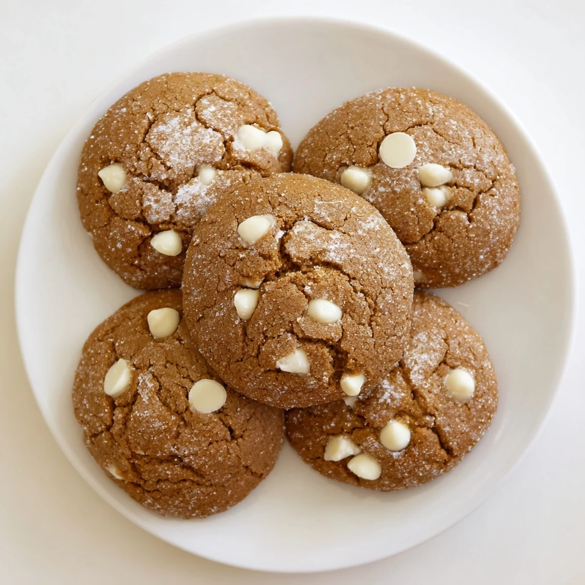 Warm spiced gingerbread cookies dotted with creamy white chocolate on a wooden board