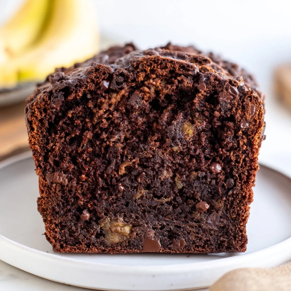 Moist chocolate espresso banana bread loaf studded with melted chocolate chips on a wooden cutting board