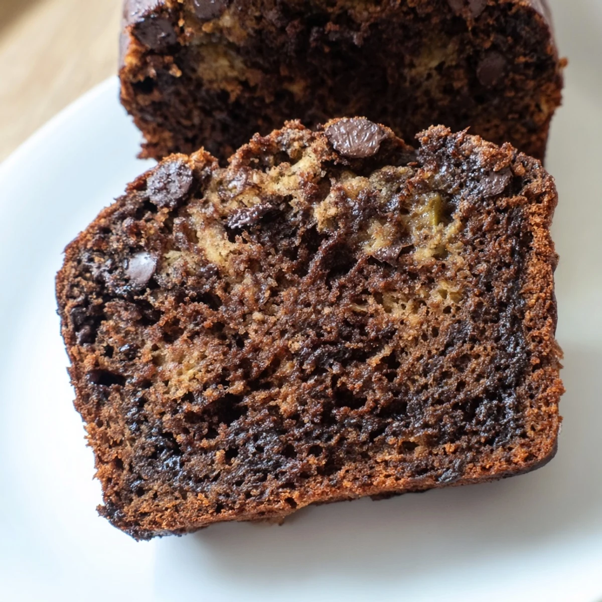 Slice of dark chocolate espresso banana bread showing tender crumb with pockets of semisweet chocolate