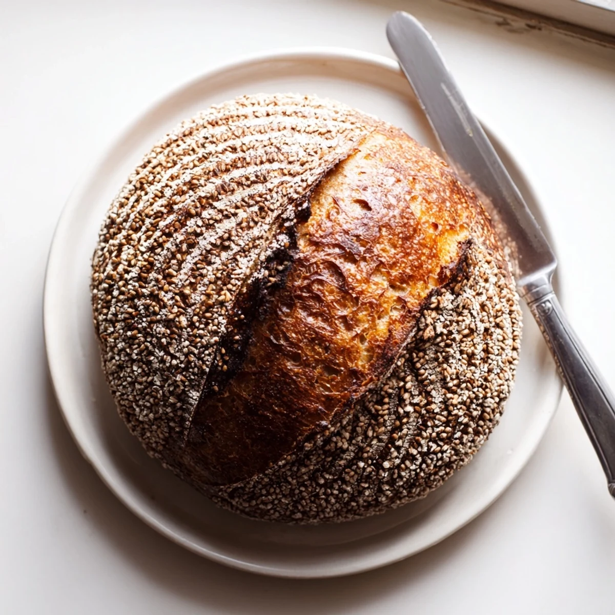 Golden brown sourdough bread with a crisp crust and airy chewy crumb