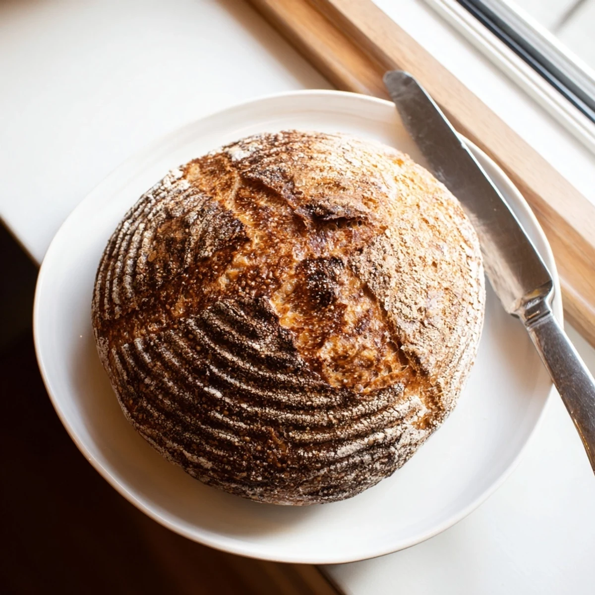 Homemade sourdough bread with tangy wild yeast flavor and perfectly caramelized exterior