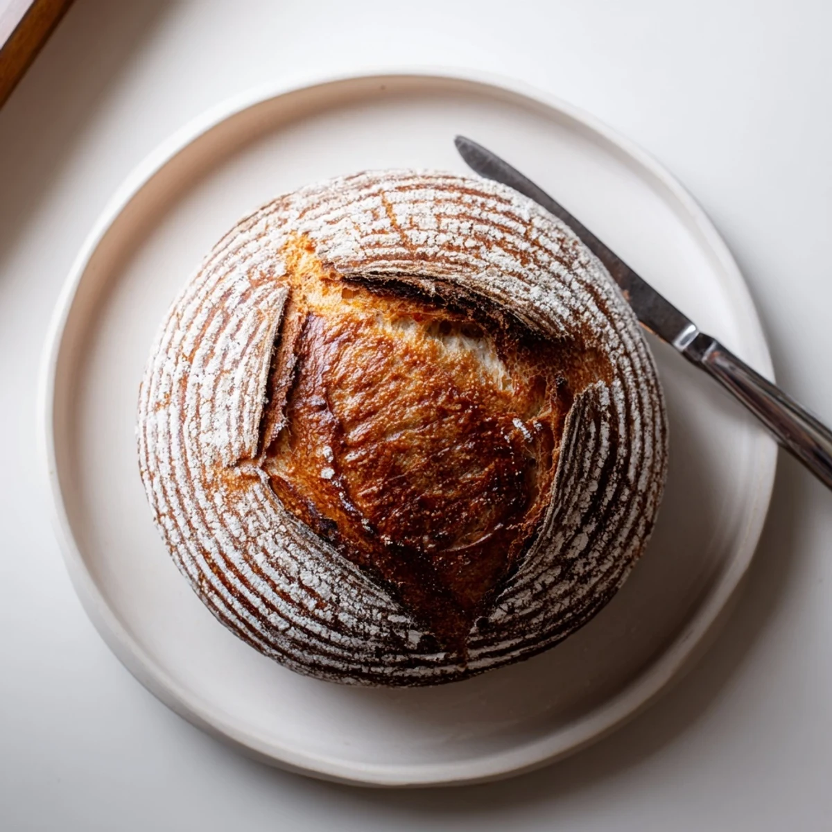Freshly baked sourdough bread loaf scored and ready for slicing on a wooden board
