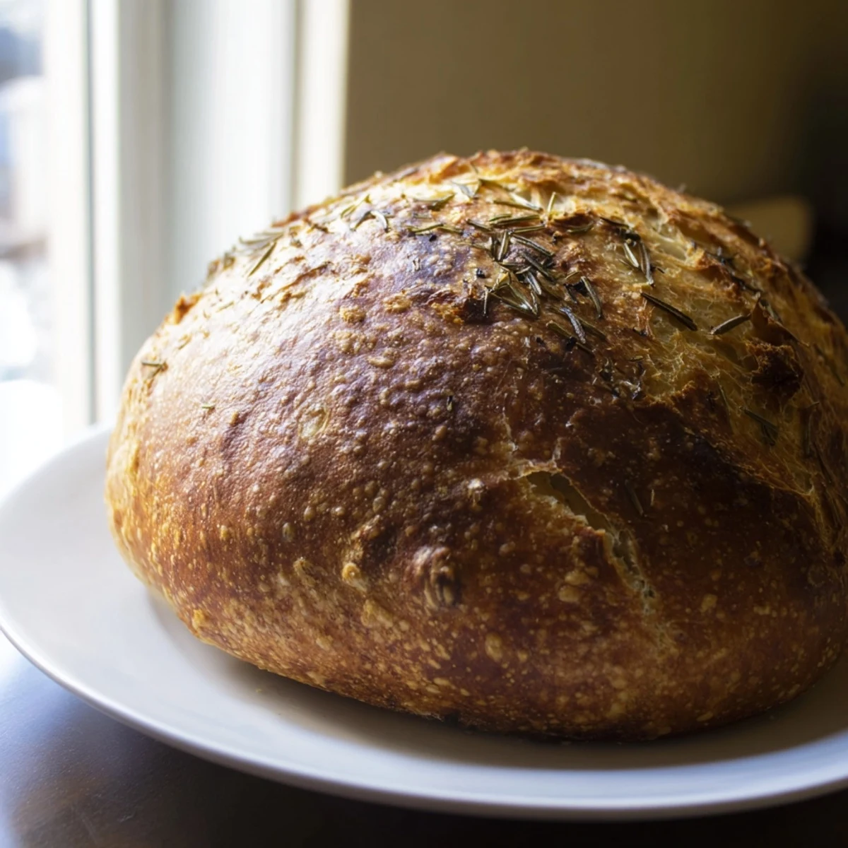 Golden crust loaf of Dutch oven garlic rosemary bread with fresh herbs