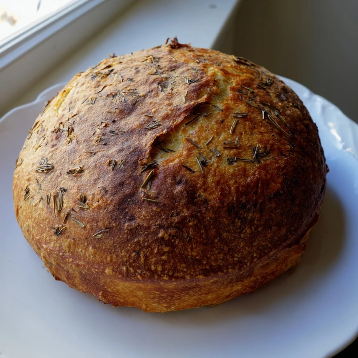 Sliced artisanal Dutch oven garlic rosemary bread with soft interior texture