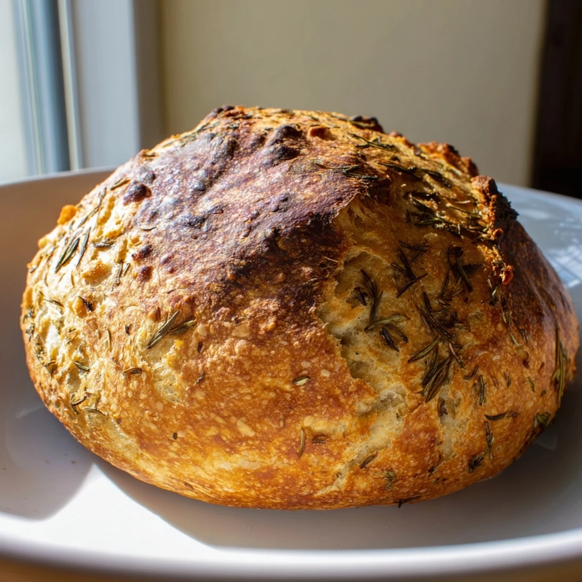 Rustic homemade bread featuring garlic and rosemary baked in cast iron