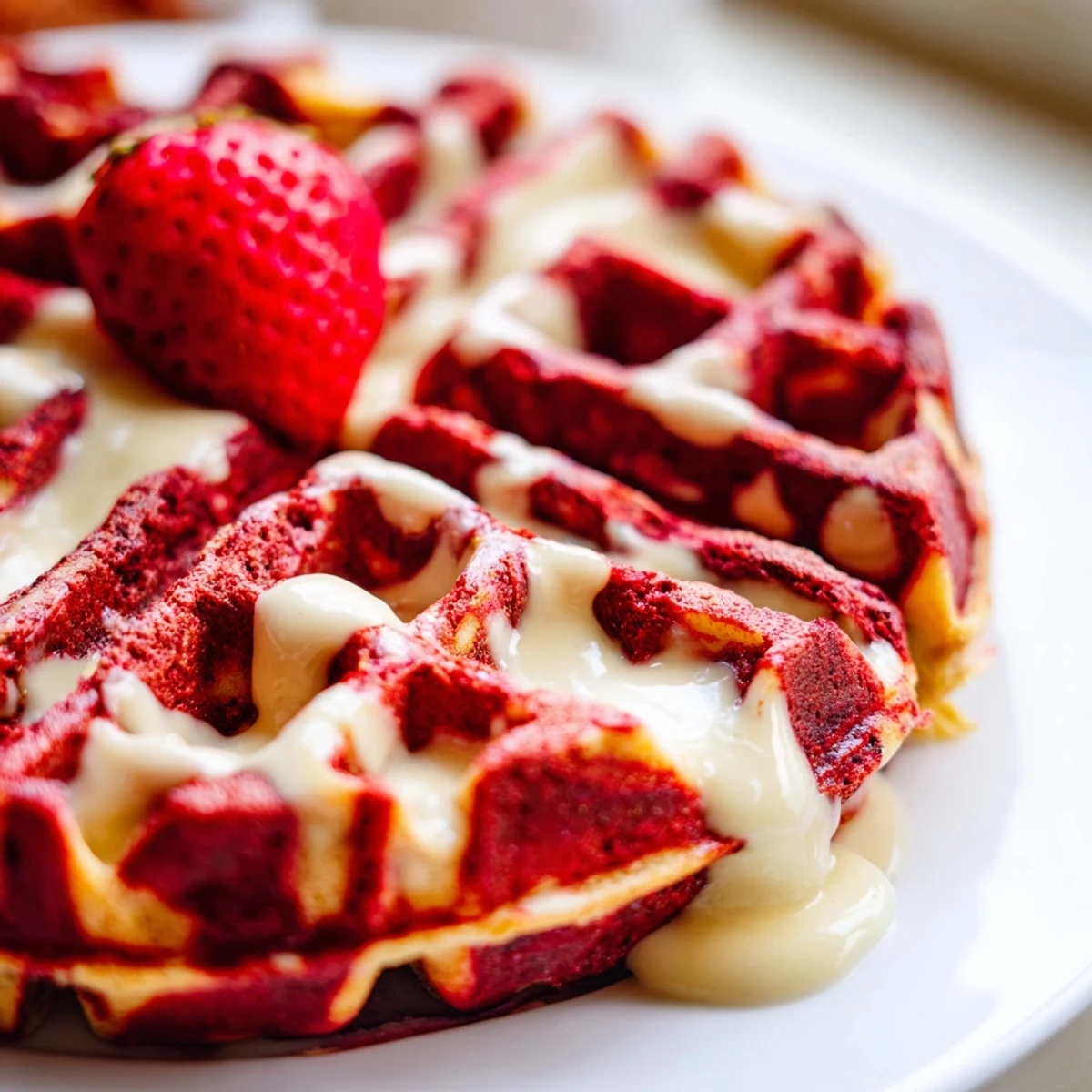 Crispy red velvet marble waffles featuring beautiful red and vanilla marbled patterns on a plate