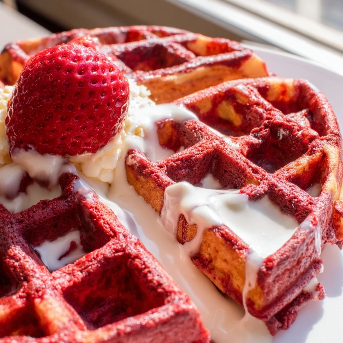 Golden red velvet marble waffles swirled with vanilla and topped with cream cheese glaze
