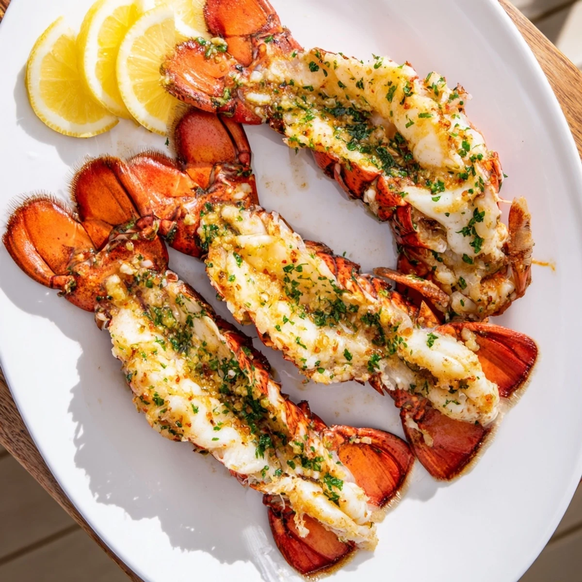 Tender lobster meat brushed with savory garlic lemon butter sauce and baked to perfection