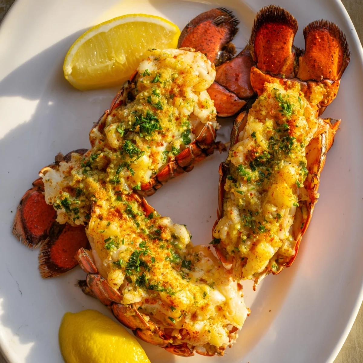 Golden baked garlic butter lobster tails glistening with melted herb butter and fresh parsley