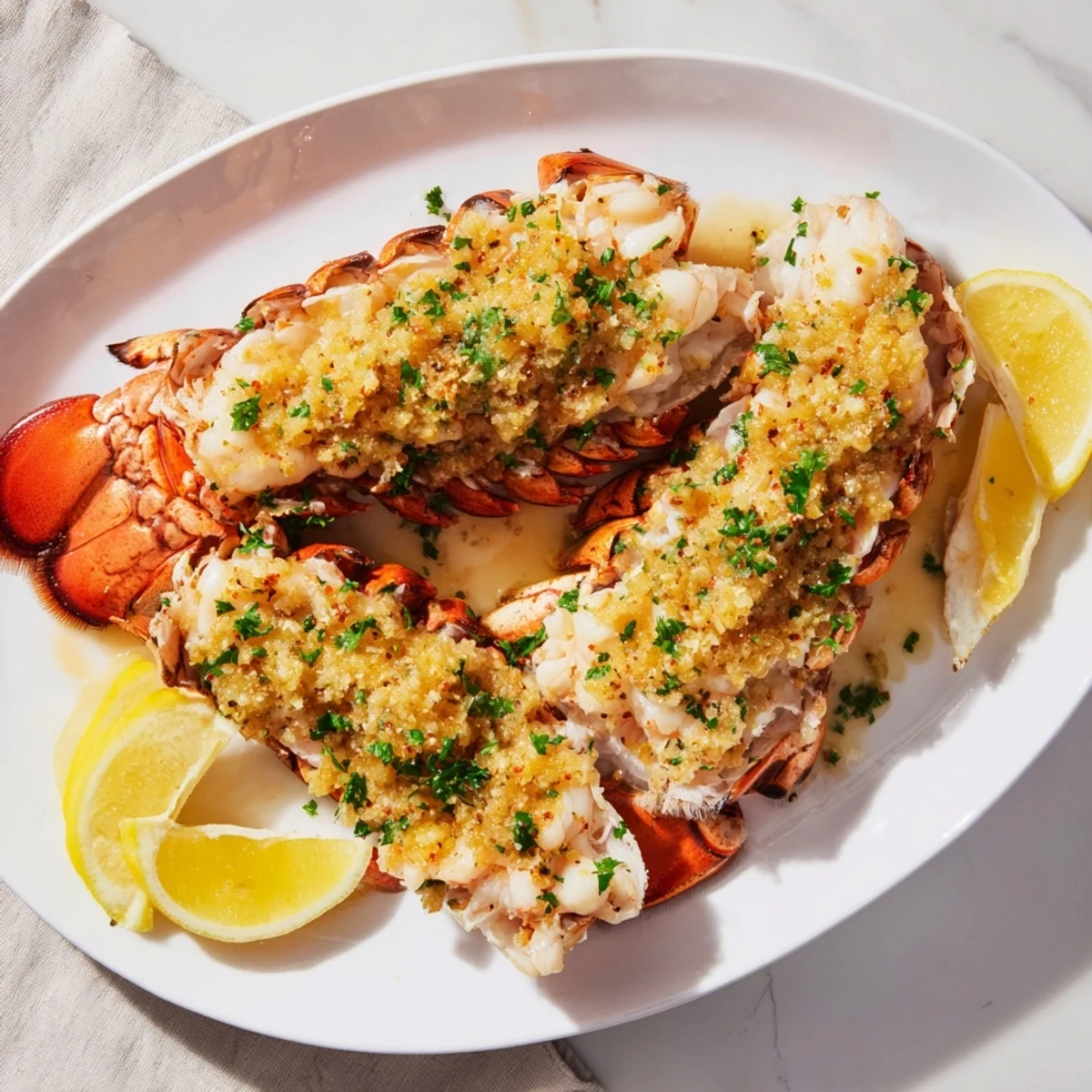 Elegant garlic butter lobster tails served on a baking sheet with lemon wedges