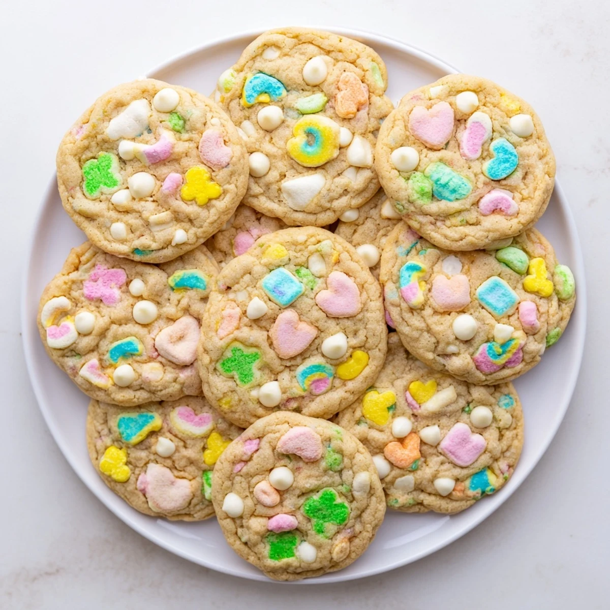 Soft Lucky Charms cookies piled on a wire cooling rack with colorful marshmallow bits.