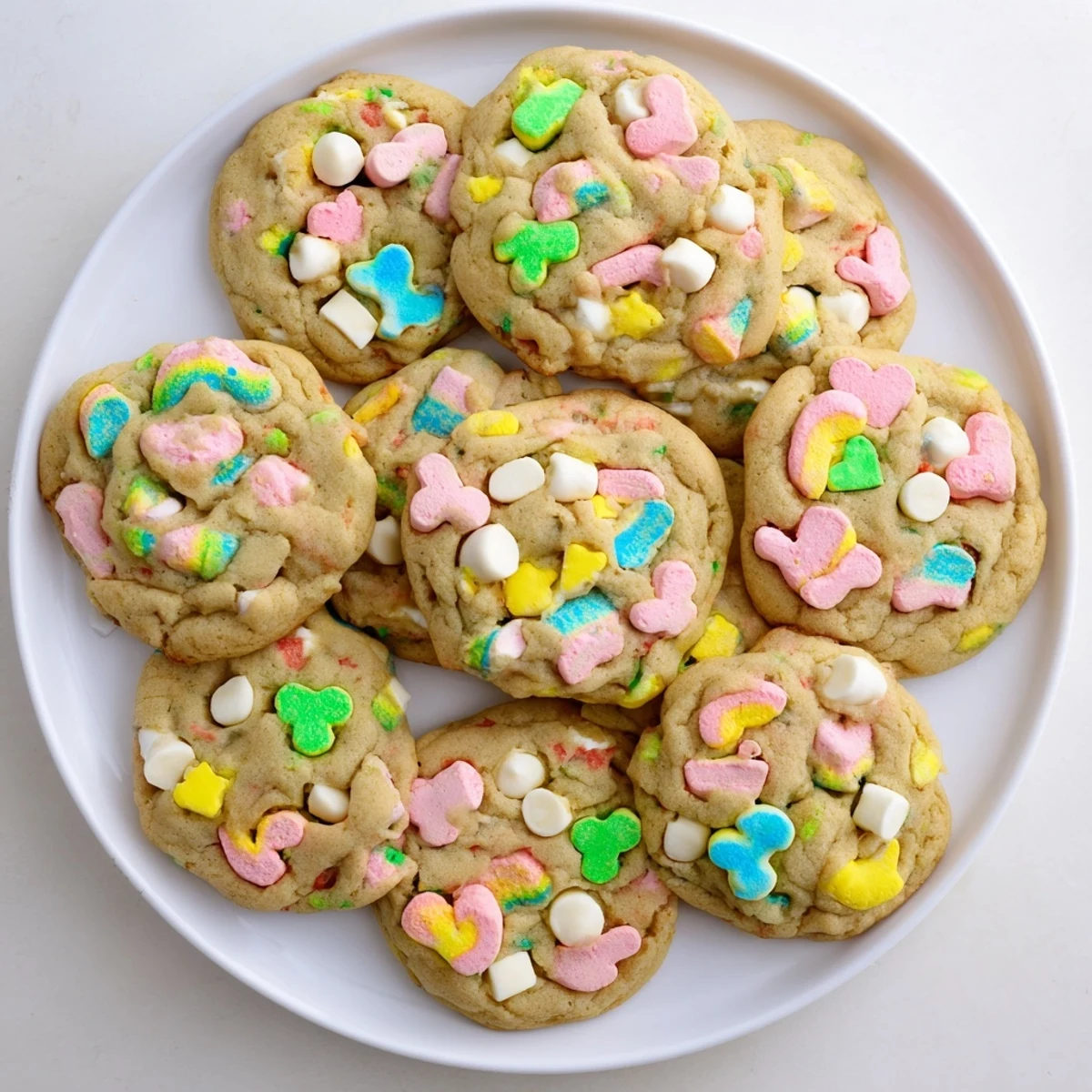 Chewy Lucky Charms cookies topped with vibrant pink and green marshmallows on white plate.