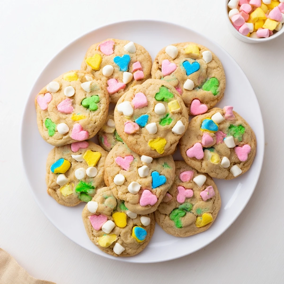 Freshly baked Lucky Charms cookies studded with rainbow marshmallows and white chocolate chips.