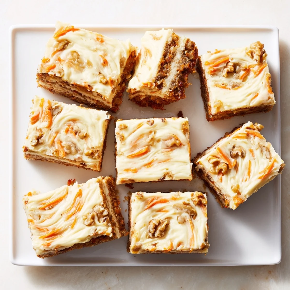 Golden carrot cake cream cheese bars with marbled cream cheese topping and grated carrot texture