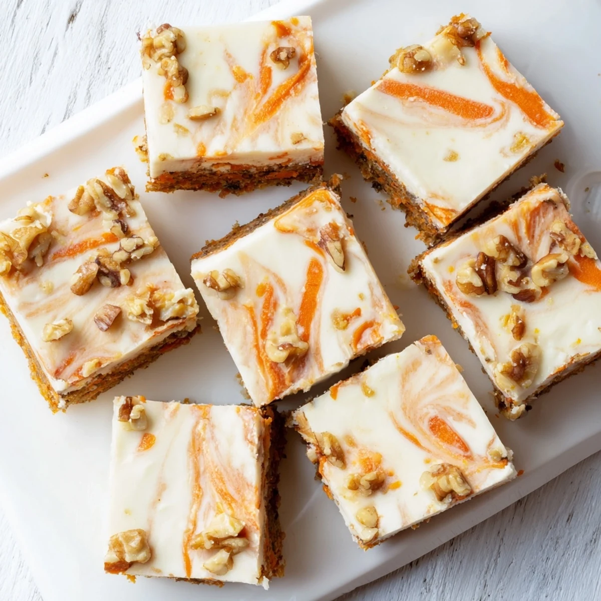 Moist carrot cake cream cheese bars swirled with creamy cheesecake layer on a white plate