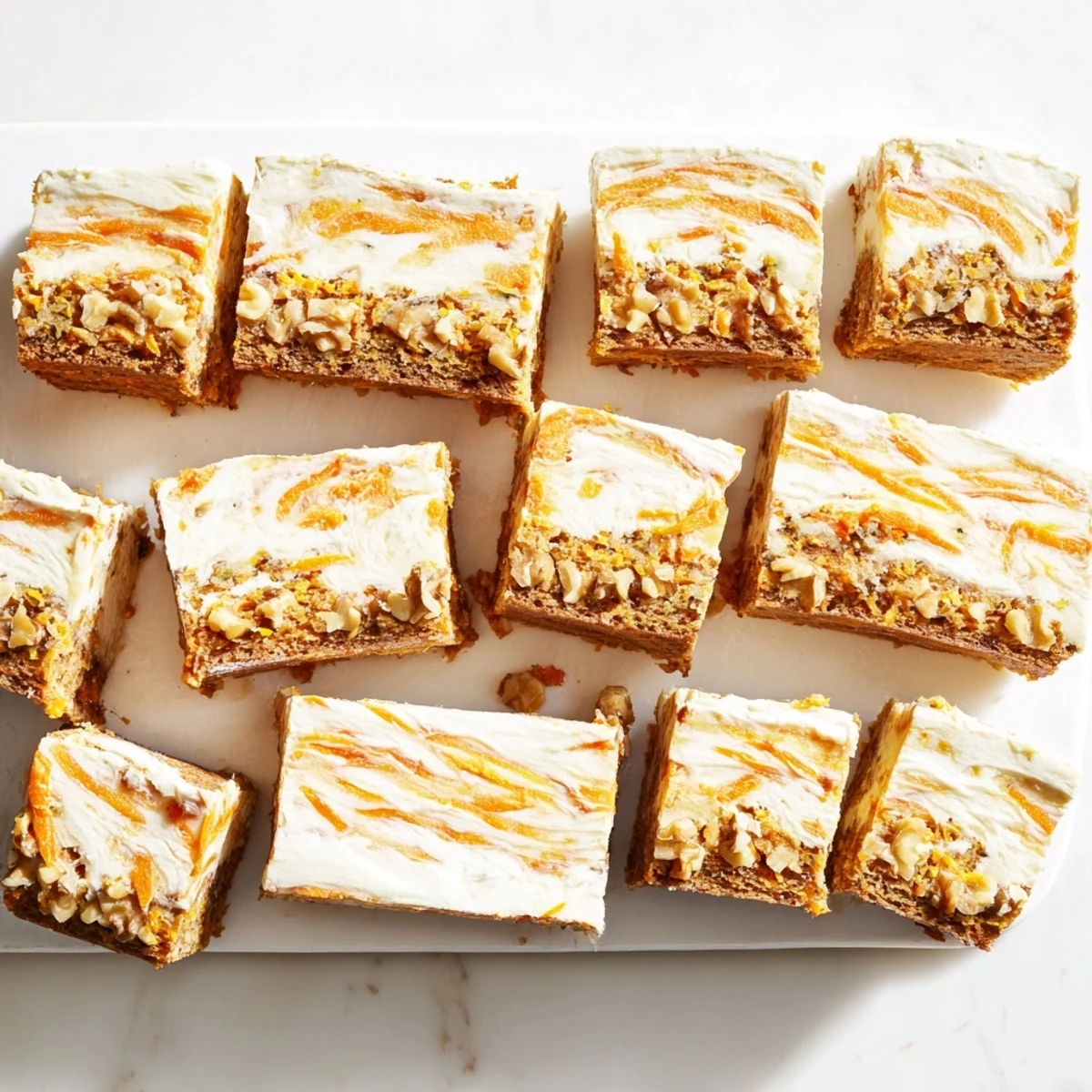 Slice of carrot cake cream cheese bars topped with chopped walnuts and rich cream cheese swirl