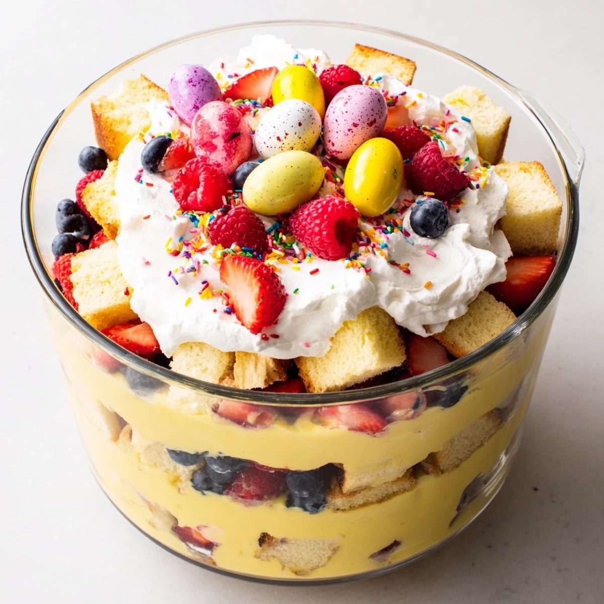 Festive Easter trifle dessert featuring cube sponge cake, creamy vanilla custard, fresh strawberries and raspberries, and sweet whipped cream in a clear serving dish