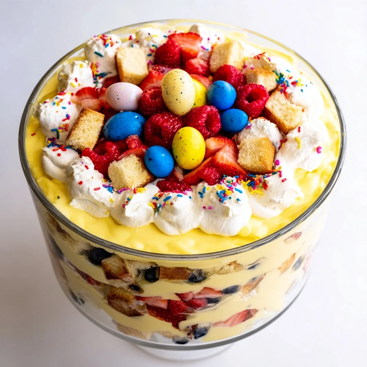 Glass trifle bowl showcasing Easter trifle dessert with alternating layers of yellow custard, red berries, and fluffy white whipped cream topped with chocolate eggs