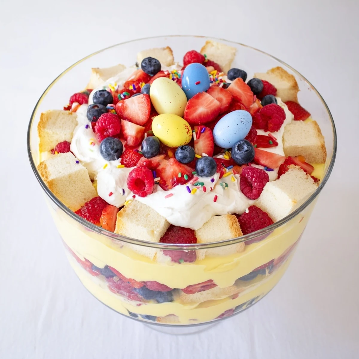 Beautifully layered Easter trifle dessert with fresh mixed berries, thick custard, and whipped cream garnished with colorful sprinkles and chocolate eggs