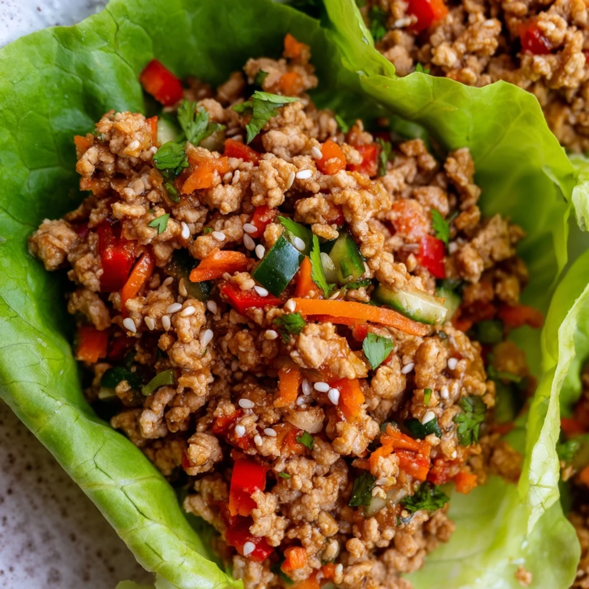 Seasoned ground turkey lettuce wrap bowls topped with fresh herbs in crisp romaine leaves