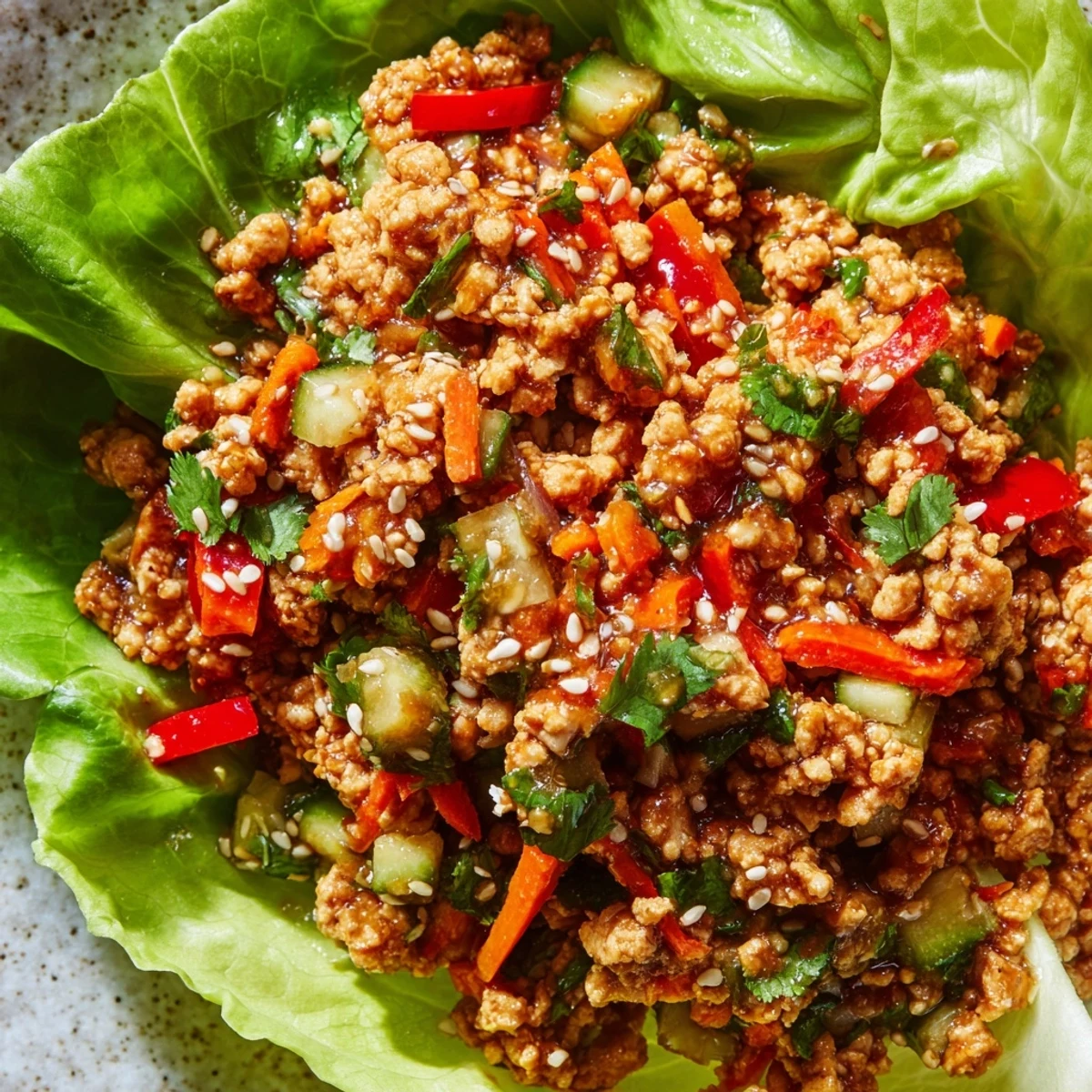 Crisp lettuce cups filled with savory ground turkey and colorful vegetables for healthy low-carb dinner