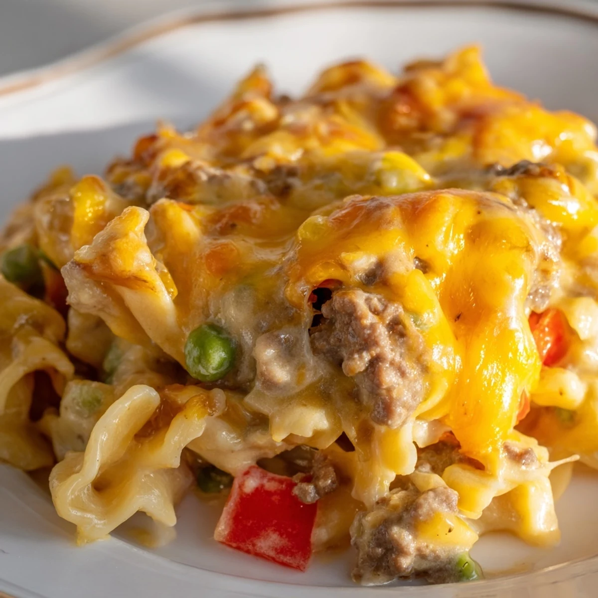 Golden bubbly Cheesy Beef and Noodle Casserole fresh from the oven with melted cheddar topping