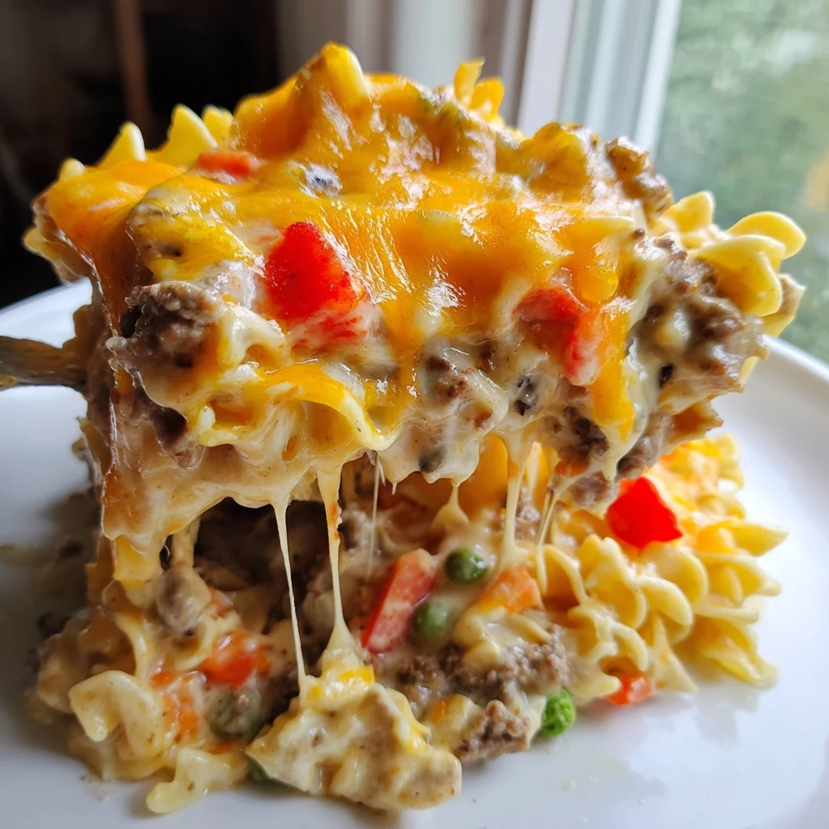 Creamy Cheesy Beef and Noodle Casserole with tender egg noodles in a savory beef sauce