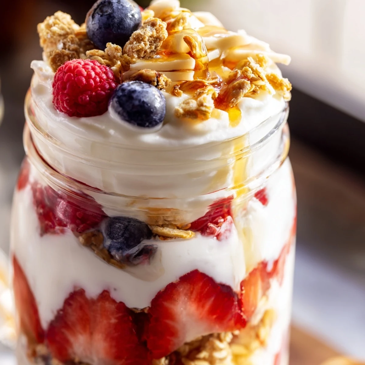 Creamy Greek yogurt parfait layered with fresh berries and golden granola in a clear glass