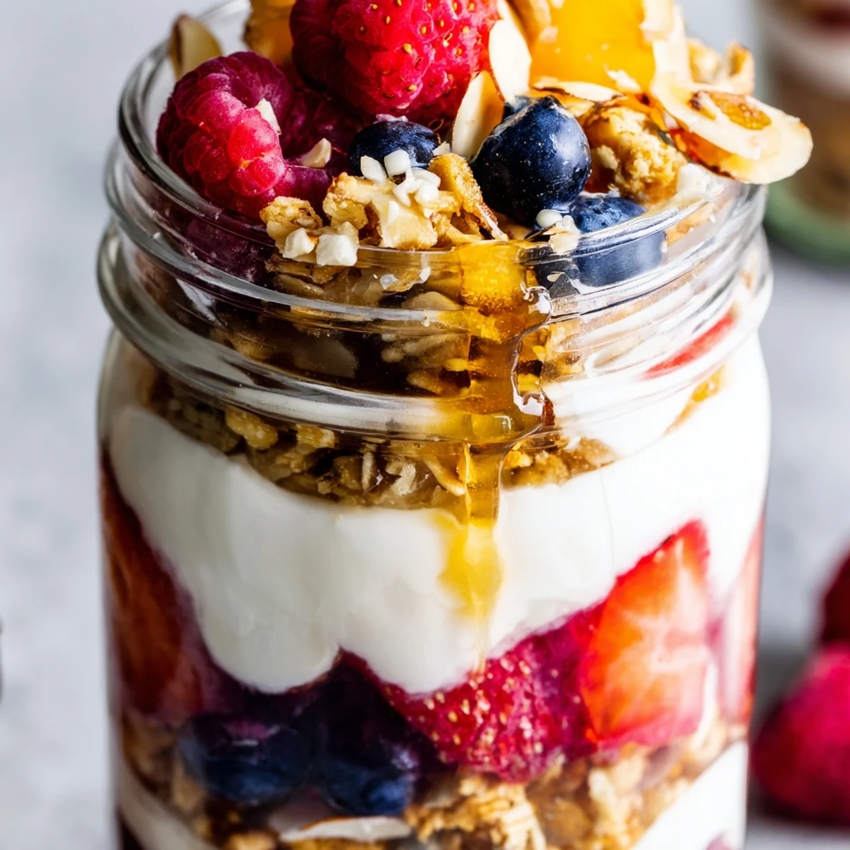 Greek yogurt parfait topped with crunchy granola and vibrant mixed berries for breakfast