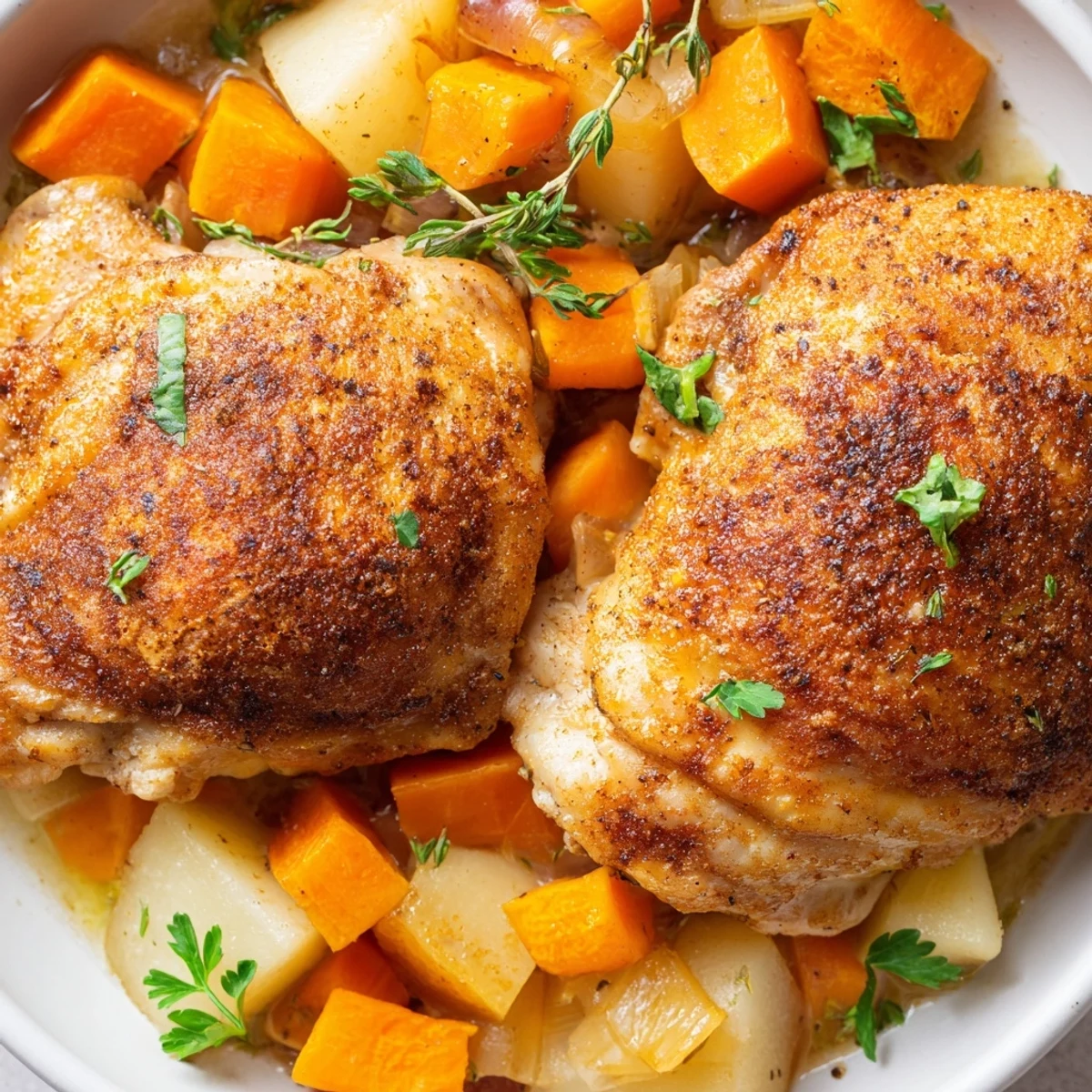 Tender slow cooker chicken dinner with carrots, potatoes, and herbs in savory broth
