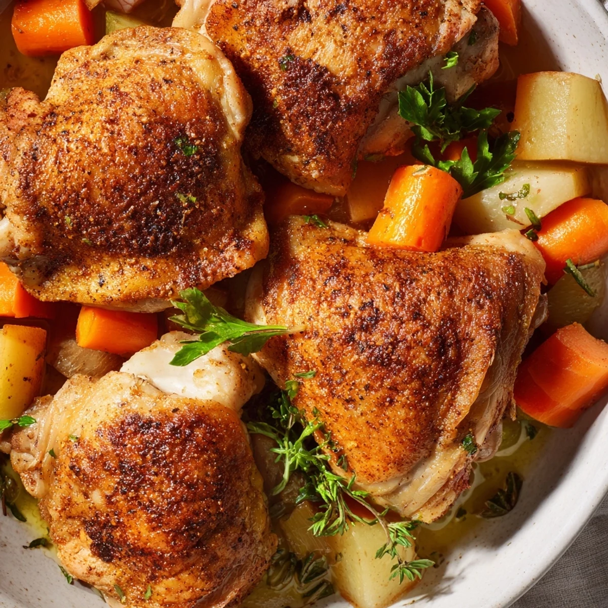 Golden brown chicken thighs nestled over root vegetables in a hearty slow cooker dinner