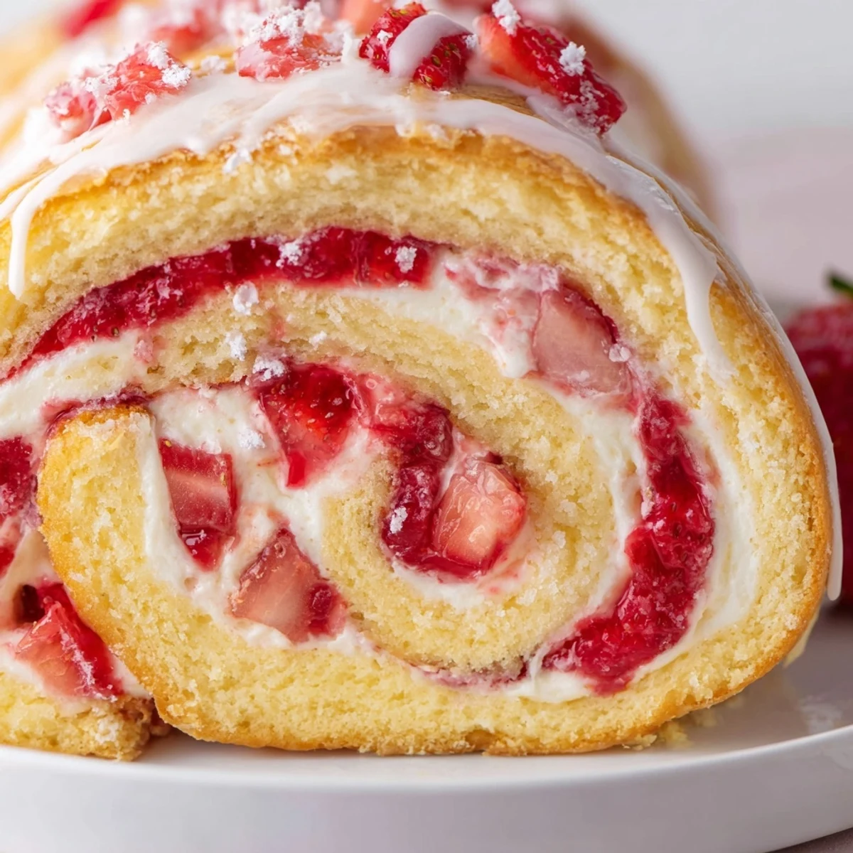 Golden Strawberry Shortcake Cheesecake Rolls drizzled with sweet vanilla glaze on white plate