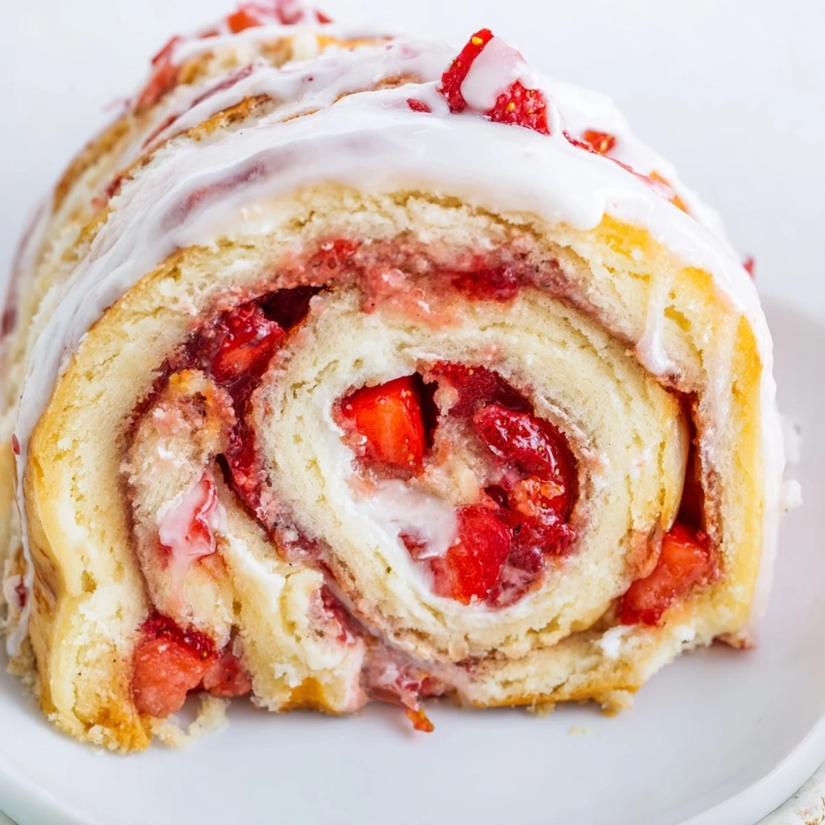 Swirled Strawberry Shortcake Cheesecake Rolls with creamy filling and bright red berries in baking dish