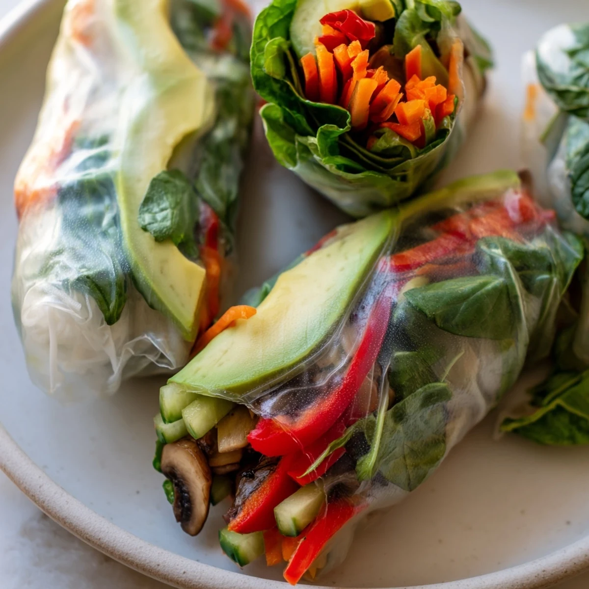 Avocado shiitake spring rolls wrapped in translucent rice paper with colorful fresh vegetables