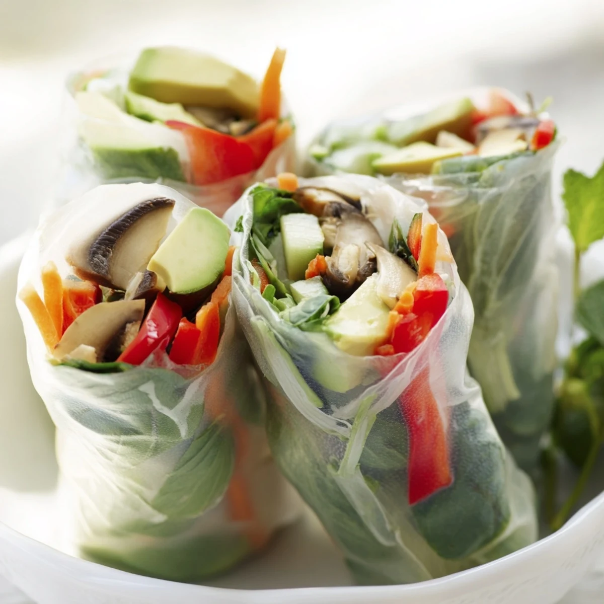 Creamy avocado and savory shiitake mushrooms fill these light Asian-inspired spring rolls