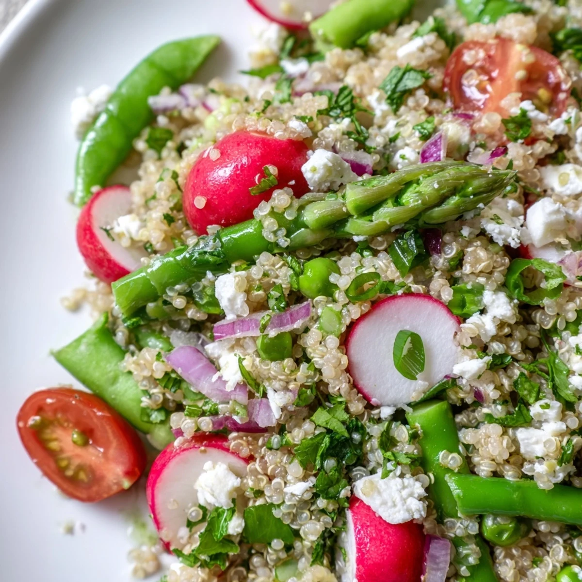 Colorful spring vegetable quinoa salad in a white bowl with fresh herbs and lemon vinaigrette