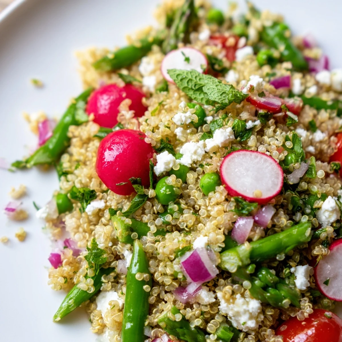 Fluffy spring vegetable quinoa salad topped with crumbled feta and bright green asparagus pieces