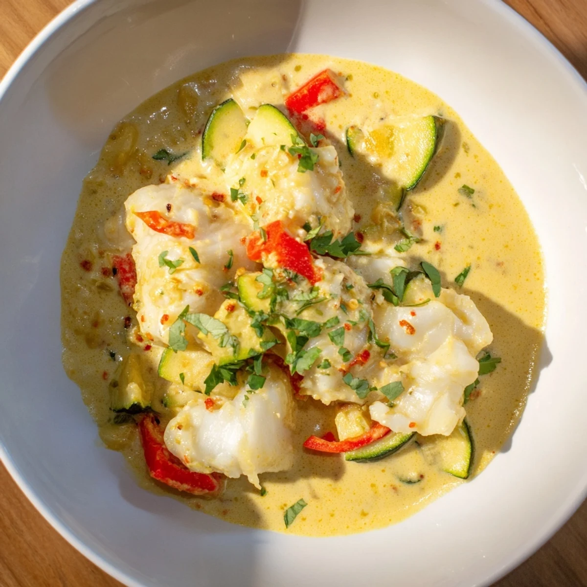 Creamy coconut white fish stew in a golden bowl garnished with fresh green cilantro leaves