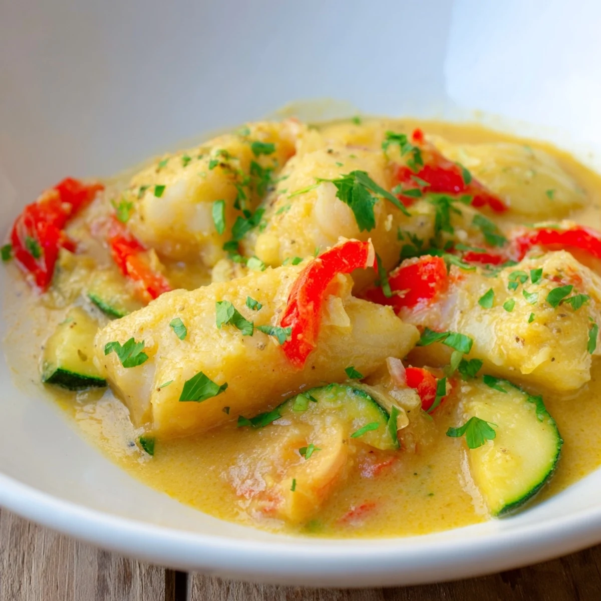 Tender white fish chunks simmered in aromatic coconut broth with colorful vegetables and spices
