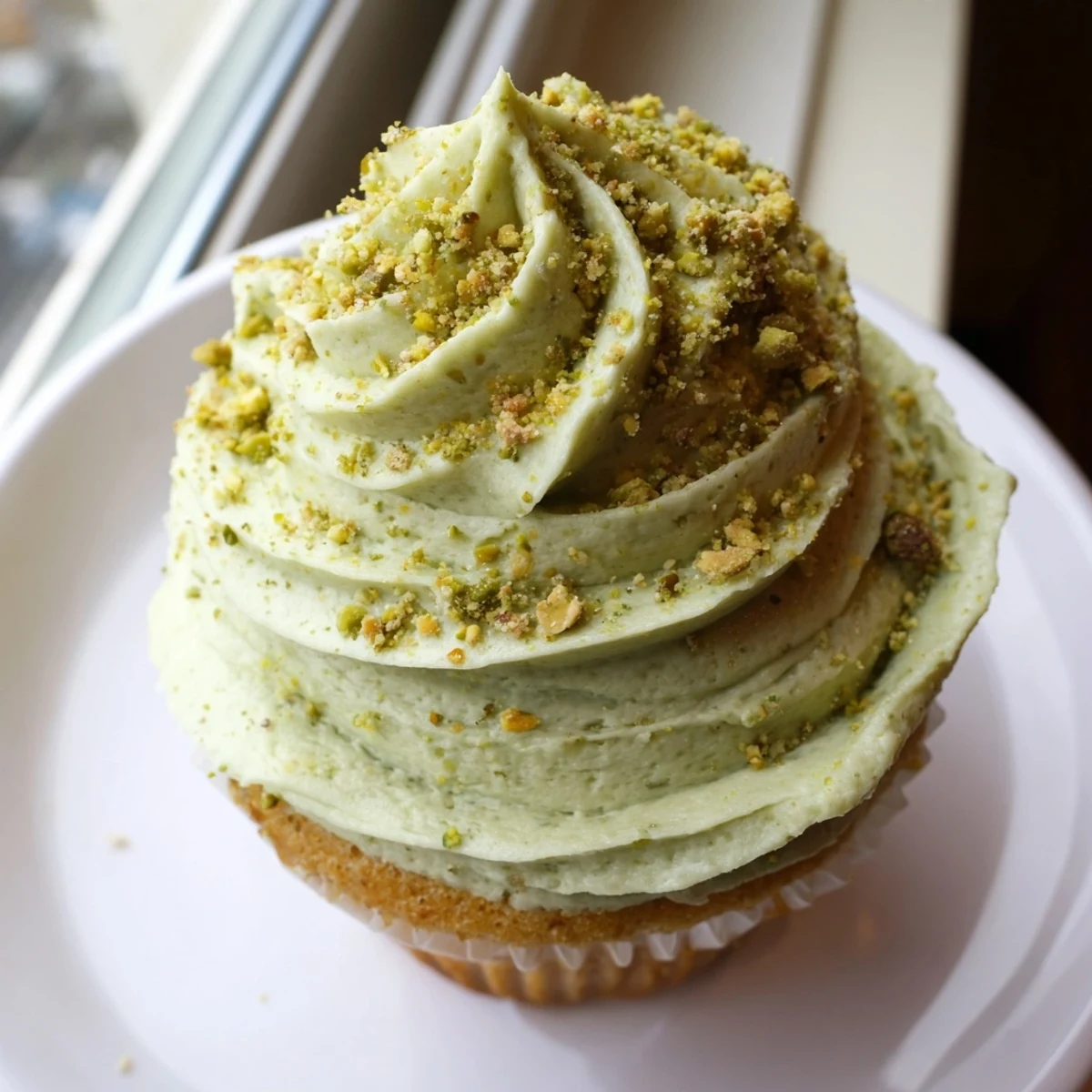 Golden pistachio cupcakes piped high with velvety buttercream and a nut garnish