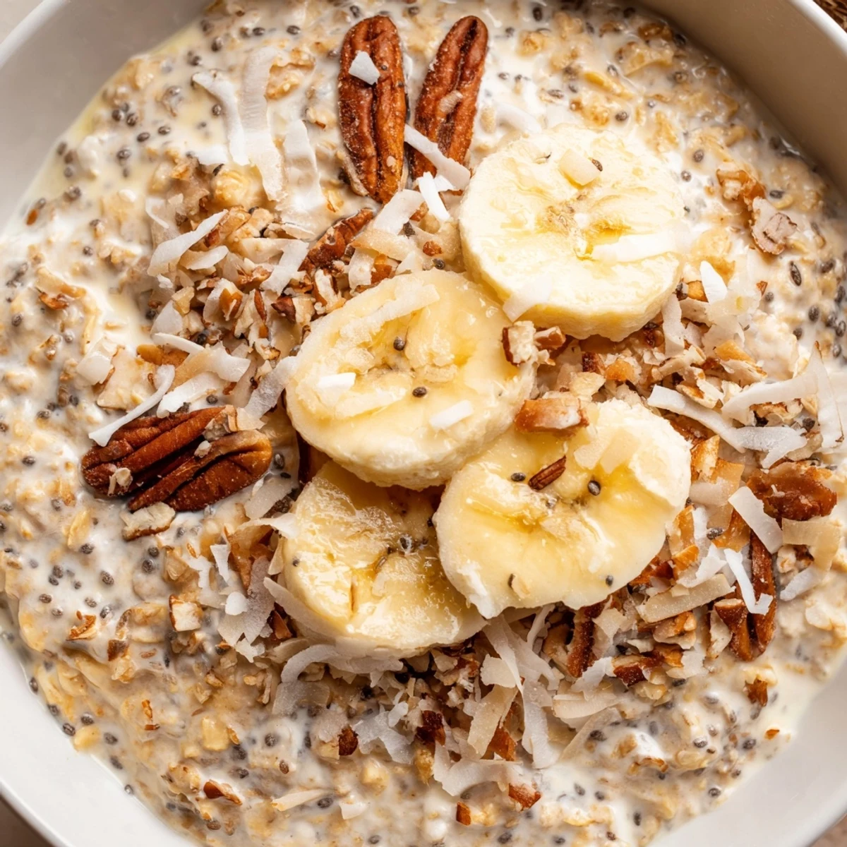Creamy coconut cream pie overnight oats topped with toasted coconut flakes and pecans