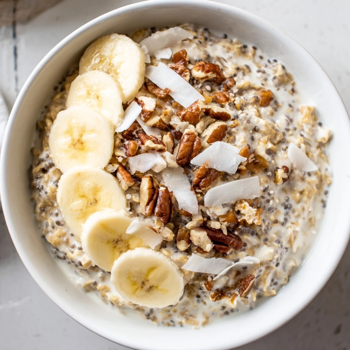 Thick coconut cream pie overnight oats in a mason jar with banana slices